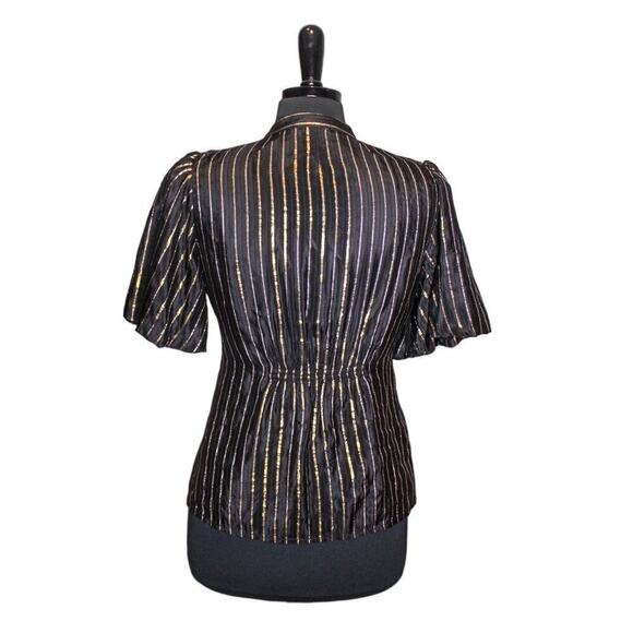 BCBGmaxazaria  Silk Blouse Short Sleeve Black Gold Striped V Neck M - Picture 3 of 5